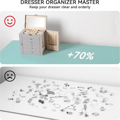 Frebeauty Large Jewelry Box,6-Tier PU Leather Jewelry Organizer,Multi-functional Storage Case with Mirror,Accessories Holder with 5 Drawers for Necklace Bracelets Watches(Grey)