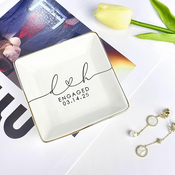LullabyMall Custom Engagement Ring Holder Ring Dish, Custom Wedding Gifts for Couple, Bridal Shower Couple Jewelry Tray, Monogrammed Engagement Wedding Gifts for Bride 1