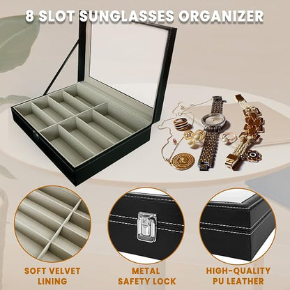 DUPDMKIN Sunglasses Organizer 8 Slot Eyeglass Holder PU Leather Glasses Case Multiple Pairs with Clear Glass Top for Men and Women