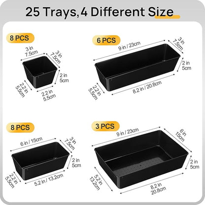 Vtopmart 25 PCS Office Desk Drawer Organizers Set, 4-Size Versatile Plastic Drawer Organizer Trays, Storage Bins for Desk Accessories Office Organizers and Storage, Bathroom, Makeup, Vanity, Black