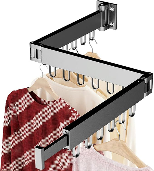 JAUREE Clothes Drying Rack Wall Mounted, Space-Saving Drying Rack Clothing, Collapsible Foldable Retractable Laundry Rack with 18 Hooks, Indoor/Outdoor, Black