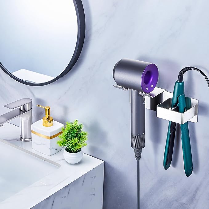 WAYASI Blow Dryer Holder Wall Mounted, Hair Dryer and Straightener Holder, Hairdryer Holder for Bathroom, Curling Iron Holder, Salon Hair Tools Organizer Storage, Silver