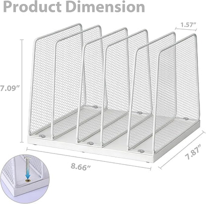Small Desk File Organizer, 5-Section Upright File Sorter, Vertical File Folder Holder, Mesh Metal Wood Office Desktop Organization for Document, Magazine, Books and more (White)