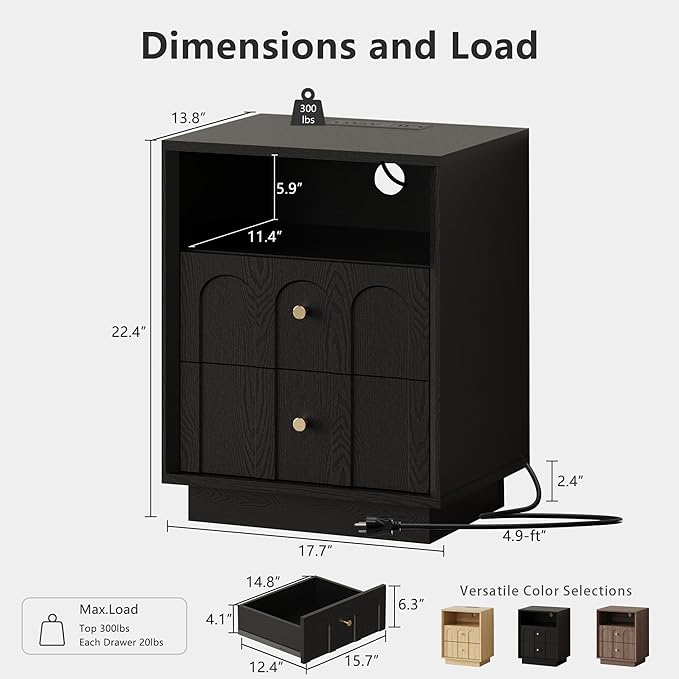 FORTUNETEC Nightstand with Charging Station, Modern Nightstand with Arched Design, Minimalist End Table with Wood Grain Texture, Bedside Table for Bedroom Living Room Sofa Office, Black