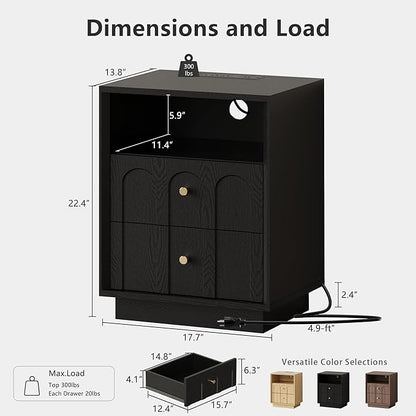 FORTUNETEC Nightstand with Charging Station, Modern Nightstand with Arched Design, Minimalist End Table with Wood Grain Texture, Bedside Table for Bedroom Living Room Sofa Office, Black