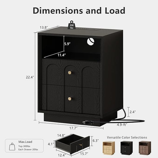 FORTUNETEC Nightstand Set of 2 with Charging Station, Mid Century Modern Nightstand with Arched Design,Minimalist End Table with Wood Grain Texture, Bedside Table for Bedroom Living Room, Black
