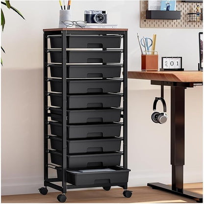 Rolling Cart with Drawers,10 Drawer Rolling Cart,Rolling storage cart with drawers,Black Rolling Drawer Cart,Teacher Rolling Cart for Classroom Storage,Craft Cart with Wooden Tabletop