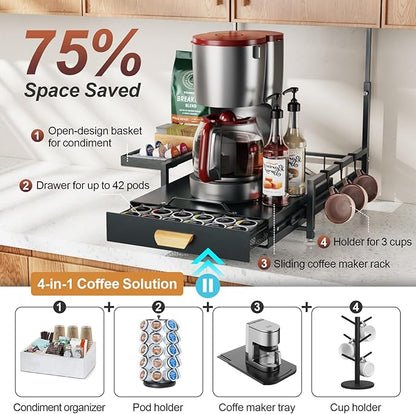 GSlife Sliding Coffee Pod Drawer for Under Cabinet - Large Metal Coffee Maker Rack with Pod Storage Drawer, 42 Pod Capacity, Black
