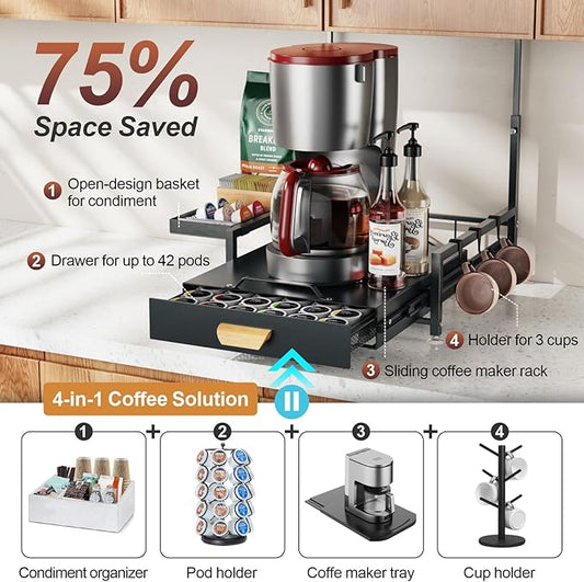 GSlife Sliding Coffee Pod Drawer for Under Cabinet - Large Metal Coffee Maker Rack with Pod Storage Drawer, 42 Pod Capacity, Black