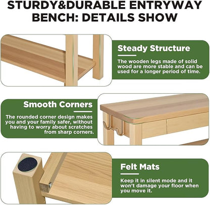Wood Shoe Bench Entryway with Drawer: 3-Tiers Wooden Storage Shoe Rack with Bench Seat, Compact Mid-Century Modern Design for Entryway, Hallway,Closet,Front Door Entrance,Foyer Natural 39.3"