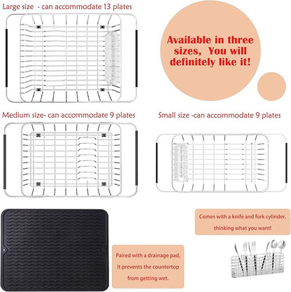 Stainless Steel Dish Drying Rack(15"L x 8.3"W x 4.2"D), Expandable Fruit & Vegetable Drain Rack over Sink, Dish Drainer Rack in Sink, with Stainless Steel Utensil Holder & 16" Silicone Mat