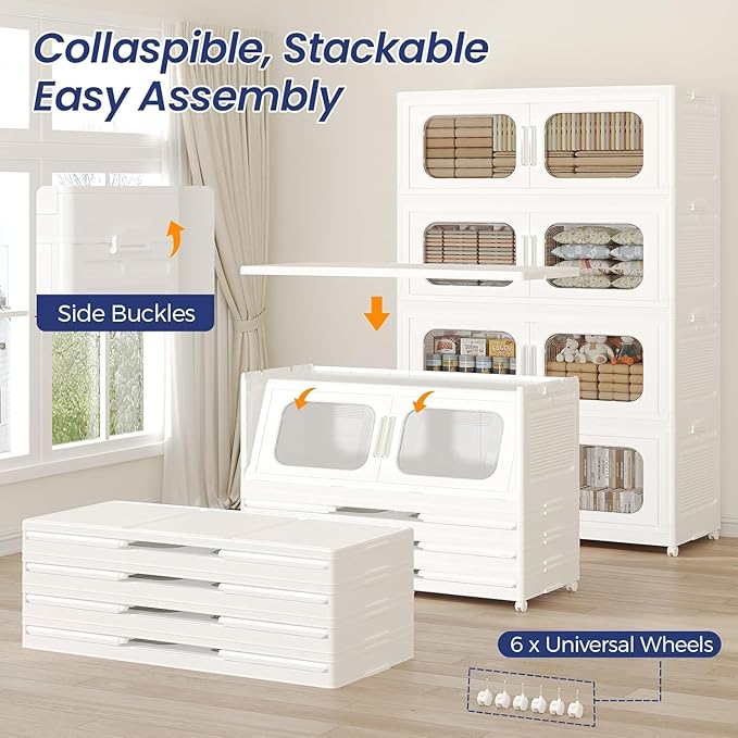 150Gal Exra Large Stackable Storage Bins with Lid, 600QT Collapsible Storage Box with 6x Wheels, Folding Plastic Cabinet Container with Door Drawer for Home Kitchen Office Dorm, 3Pack White