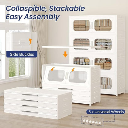 150Gal Exra Large Stackable Storage Bins with Lid, 600QT Collapsible Storage Box with 6x Wheels, Folding Plastic Cabinet Container with Door Drawer for Home Kitchen Office Dorm, 3Pack White