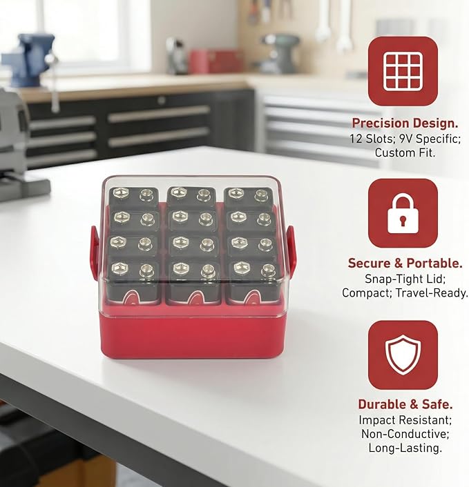 ALCYON Battery Organizer Storage Case, Battery Vault Box Container for 12pcs 9V Batteries, Plastic Clear Protective Battery Holder for Travelling/Home/Office (Red,Small)