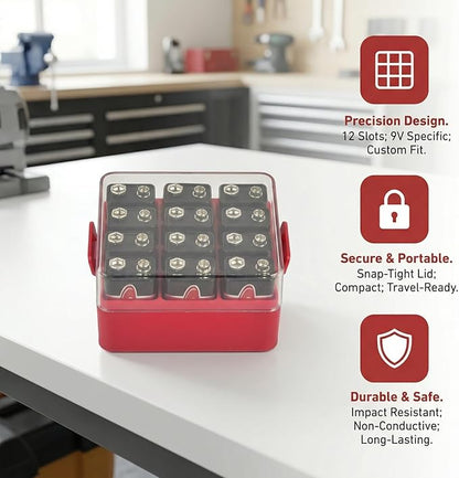 ALCYON Battery Organizer Storage Case, Battery Vault Box Container for 12pcs 9V Batteries, Plastic Clear Protective Battery Holder for Travelling/Home/Office (Red,Small)