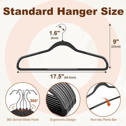 HOUSE DAY Heavy Duty Plastic Hangers 60 Pack, Non Slip Clothes Hangers with Rubber Pads and 360° Hook - Thin 0.2 Inch, Space Saving Coat Hanger Black, Closet Organizer for Shirt, Pants, Suit, Skirt