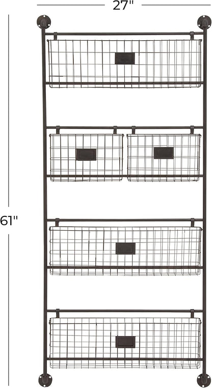 Deco 79 Metal Tall Wire 5 Slot Magazine Rack Holder with Suspended Baskets and Label Slots, 27" x 5" x 61", Black