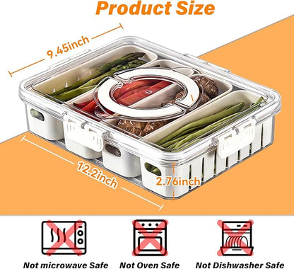 YFUIF 2 Pcs Portable Picnic Parties Fruit Tray, Fridge Food Veggie Condiment Divided Serving Preservation Storage Containers, Kitchen Clear Snackle Box Candy Organizer with Lid Handle