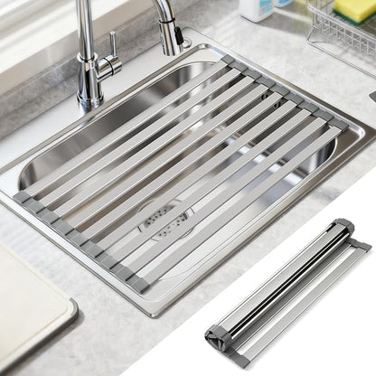 Hobychild 21.6" X 13" Roll Up Dish Drying Rack，Over The Sink Drying Rack 304 Stainless Steel Foldable Heat-Resistant Dishes Drainer for Kitchen and RV Sink Counter