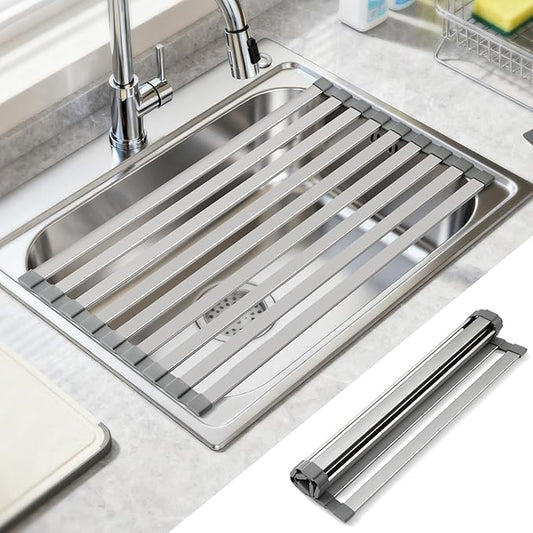 Hobychild 21.6" X 13" Roll Up Dish Drying Rack，Over The Sink Drying Rack 304 Stainless Steel Foldable Heat-Resistant Dishes Drainer for Kitchen and RV Sink Counter