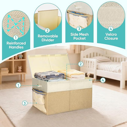 BALEINE Fabric Storage Bins with Lid, Collapsible Extra Large Storage Boxes Bins Baskets with Divider for Home Organizing (25"x13"x16", Khaki&Beige)