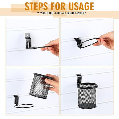 6 Set Slatwall Cup with Hook Black Metal Slatwall Bin Pencil Mesh Wire Holder Slat Wall Accessories for Organizing Various Tools, Garage Home Workshop Office (Round)