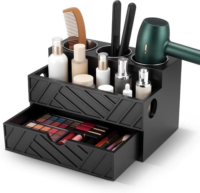 BrightRow Black Hair Tool Organizer with Drawer, Hair Brush Storage for Bathroom and Vanity Countertop, Fits Blow Dryer, Curling Iron, Makeup Brushes, Skincare, Hot Tools Organizer for a Tidy Counter