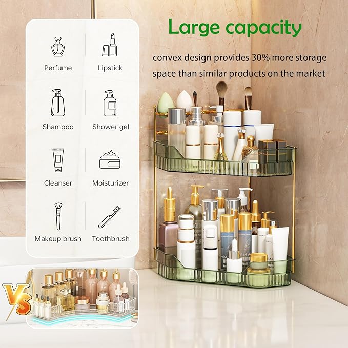 ZZWILLB Corner Bathroom Counter Organizer with Makeup Brush Holder & Toothbrush Holders, Makeup Organizer for Vanity Countertop, Acrylic Skincare Storage Shelf (Green, 2-Tier)
