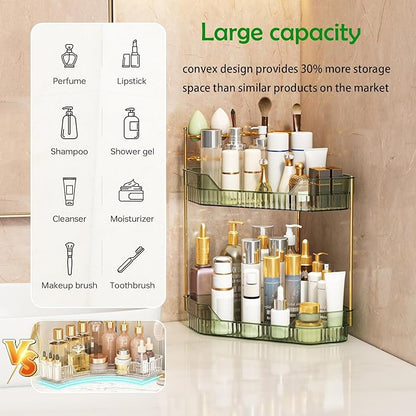 ZZWILLB Corner Bathroom Counter Organizer with Makeup Brush Holder & Toothbrush Holders, Makeup Organizer for Vanity Countertop, Acrylic Skincare Storage Shelf (Green, 2-Tier)