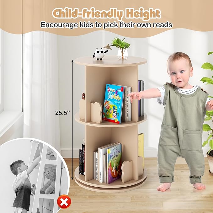 Costzon Kids Rotating Bookshelf, 2 Tier Small Book Shelf with Bookends, 360° Display Spinning Bookshelf Tower, Corner Bookshelf for Small Space, Kids Room, Bedroom, Nursery (Coffee)