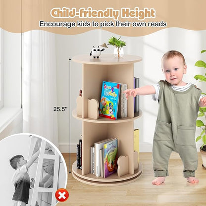 Costzon Kids Rotating Bookshelf, 2 Tier Small Book Shelf with Bookends, 360° Display Spinning Bookshelf Tower, Corner Bookshelf for Small Space, Kids Room, Bedroom, Nursery (Coffee)