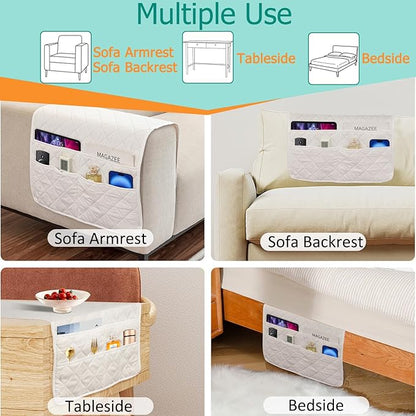DECKALY Armchair Caddy Remote Control Holder Sofa Organizer, Non-Slip Couch Arm Chair Caddy with 6 Pockets for Tablets,Smart Phone,Books,Pens,Magazines,Ipad (Off-White)