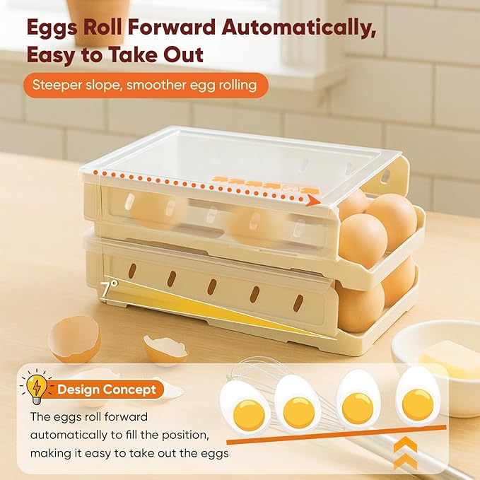 Automatic Rolling Egg Holder for Refrigerator, 1-Pack Stackable Egg Storage Containers, Smooth Glide Track, Steady Base & Dishwasher Safe
