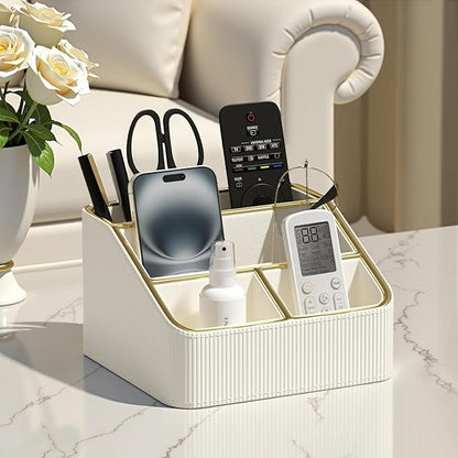 ACUDUDOMA PU Leather Remote Control Organizer Holder, 4-Compartment Small Desk Organizer, All-in-One Desk & Nightstand Caddy for Remotes, Phones, Glasses & Office Accessories