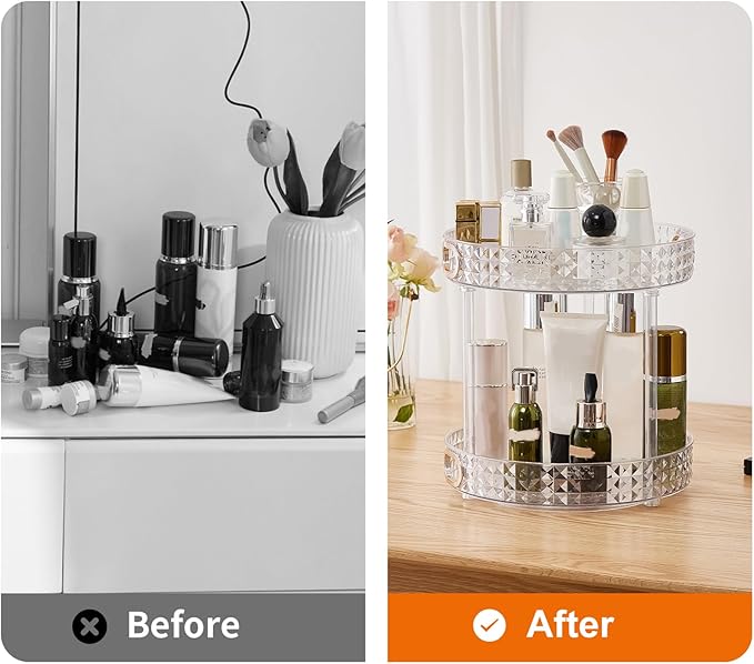 Xonusin 360° Rotating Makeup Organizer, 2 Tier Large Perfume Organizers with Portable Handle for Vanity Bathroom Countertop, Bathroom Counter Organizer for Cosmetics Skincare Perfume