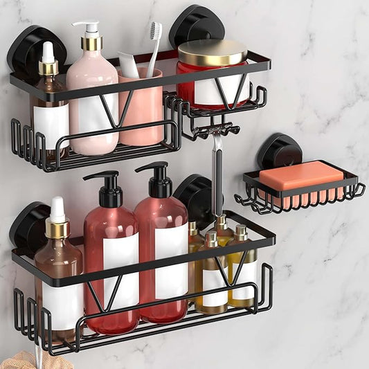 KEGII Shower Caddy Suction Cup, 3 Pack Removable Shower Shelves with Hooks & Soap Holder, No Drilling Bathroom Organizer, Waterproof Suction Storage for Inside Shower, Black