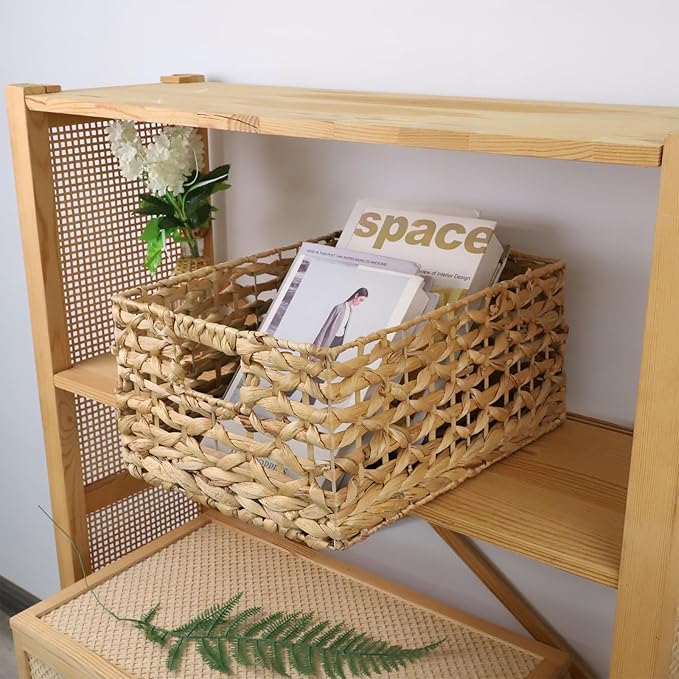 GYASVWU Rectangular Water Hyacinth Storage Basket, Wicker Baskets for Organizing,Hyacinth Baskets with Handle, Decorative Rattan Basket for Bathroom/Bedroom/Shelves/Living Room (Large)