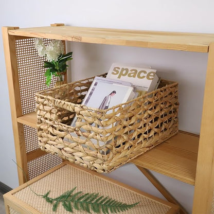 GYASVWU Rectangular Water Hyacinth Storage Basket, Wicker Baskets for Organizing,Hyacinth Baskets with Handle, Decorative Rattan Basket for Bathroom/Bedroom/Shelves/Living Room (Large)