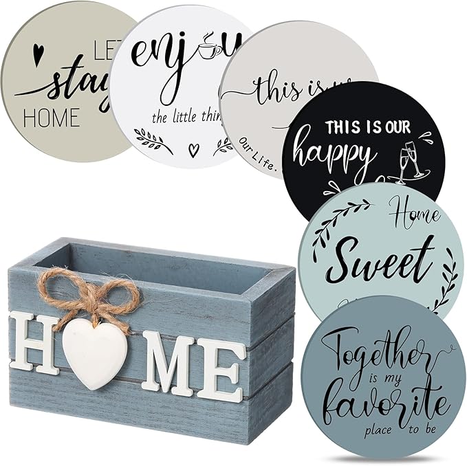 Queekay Coasters Set of 6 House Warming Gifts New Home Wooden Farmhouse Drink Coasters with Holder 4'' Funny Decoration for Kitchen Family Coffee Bar Tabletop Protection(Gray Blue)