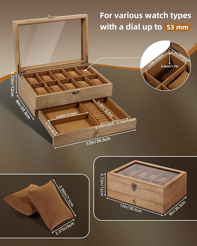 Uten 10-Slot Watch Box, 2-Layers Solid Wood Watch Display Case with Glass Lid, Watch Holder Organizer with Soft Pillow and Velvet Lining, Watch and Jewelry Storage Box, Brown