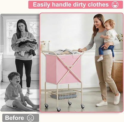Convenient Laundry Basket with Wheels,36" High Easy Rolling Laundry Cart with Wheels,Heavy Duty Dirty Clothes Laundry Hamper with Handles Removable Bag for Seniors,Folding Metal Frame/Pink/98L