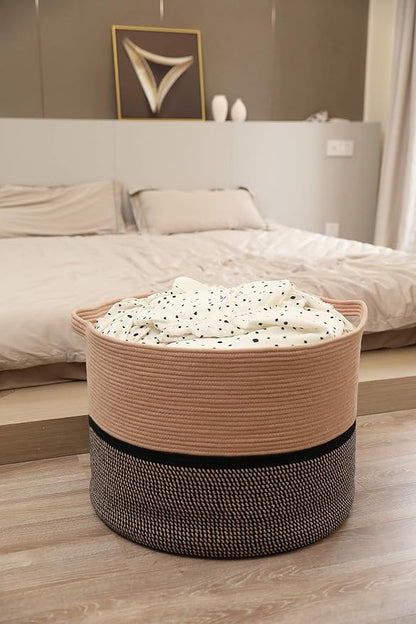 24" x 24" x 17" Max Size Large Cotton Rope Basket, Extra Large Storage Basket, Woven Laundry Hamper, Cloth Storage Bin, for Blankets Clothes Towels Pillows in Living Room, Beige Red/Black Mix
