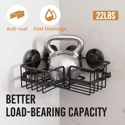 LEVERLOC 2 Pack Corner-adaptive Suction Cup Shower Caddies, Drill-Free Wall Mounted Basket, Stainless Steel Rustproof Corner Shower Shelf, Large Capacity Removable Suction Bathroom Organizer, Black