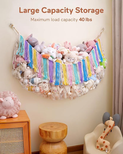 Stuffed Animal Hammock Net with Lights - Xlarge Wall Hanging Stuffed Animal Storage for Plushie Toys and Teddy Bears,Boho Stuffy Hammock for Kids Bedrooms Playroom Nursery