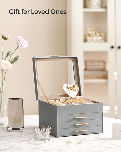 SONGMICS Jewelry Box Organizer with Glass Lid, 4-Layer Jewelry Storage, with 3 Drawers, Modern Style, 8 x 9.1 x 6.5 Inches, Dove Gray and Gold Color UJBC173G01