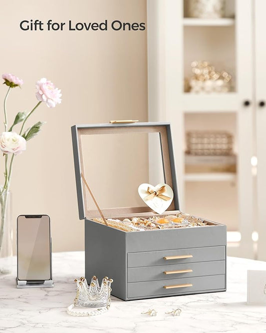 SONGMICS Jewelry Box Organizer with Glass Lid, 4-Layer Jewelry Storage, with 3 Drawers, Modern Style, 8 x 9.1 x 6.5 Inches, Dove Gray and Gold Color UJBC173G01