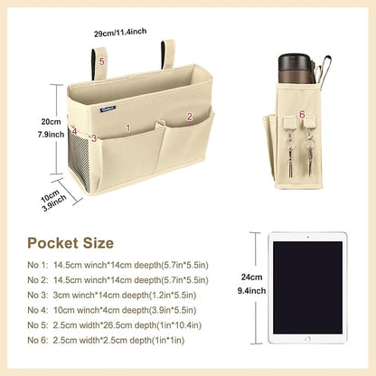 Surblue Bedside Caddy Hanging Organizer Storage Bag Pocket for Bunk, Hospital, College Dorm Rooms, Baby Bed Rails, Camp - 8 Pockets, Large, Beige