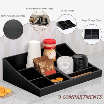 Coffee Station Organizer for Countertop, Condiment Service Organizer, Coffee Bar Supplies Caddy for Home, Office and Breakroom - Wooden, Black, 9 Compartment, Two-in-One