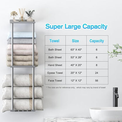 Towel Rack Storage for Bathroom, Wall Mounted Vertical Rolled Towel Organizer Holder with Shelf, Holds Up 6 Large Bath Sheets, Silver Grey
