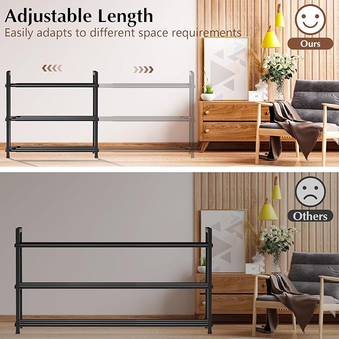 3-Tier Expandable Shoe Rack, 【17“-41“ 】Metal Shoe Shelf Organizer Storage, Adjustable Shoe Shelf Storage Organizer for Entryway/Closet, Space-Saving Shoes Shelfs for Large Families & Renters